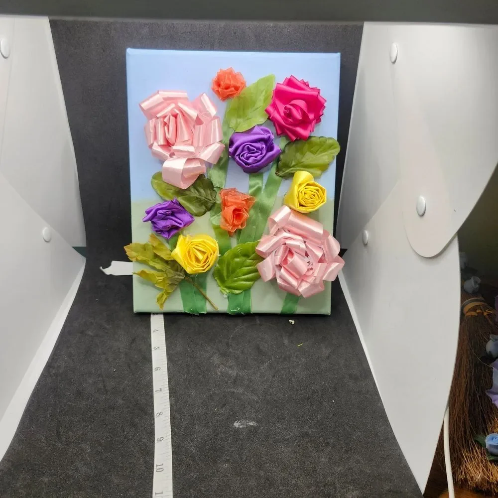 Handmade Ribbon Flower Canvas Art | Original Mixed Media Floral Wall Decor | 8x1